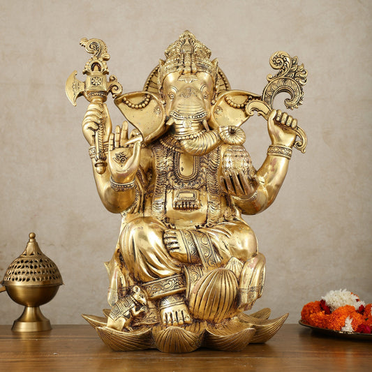Unique Pure Brass Lord Ganesha Statue - Seated on Lotus, 22" Height - Sama Homes Idol - Brass Sculpture