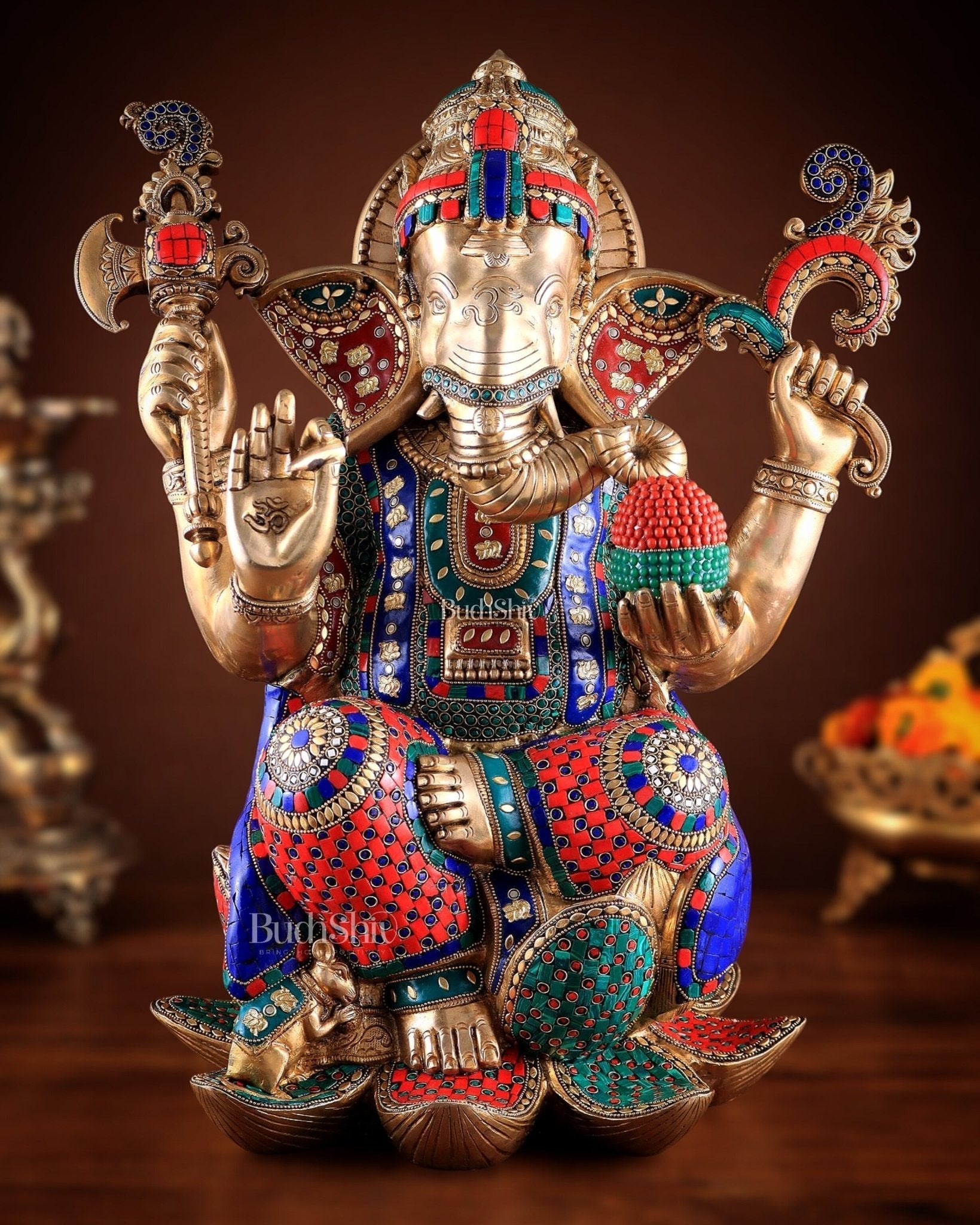 Unique Pure Brass Lord Ganesha Statue - Seated on Lotus, 22" with stonework - Sama Homes Idol - Brass Sculpture - Eco-friendly - Sama Homes