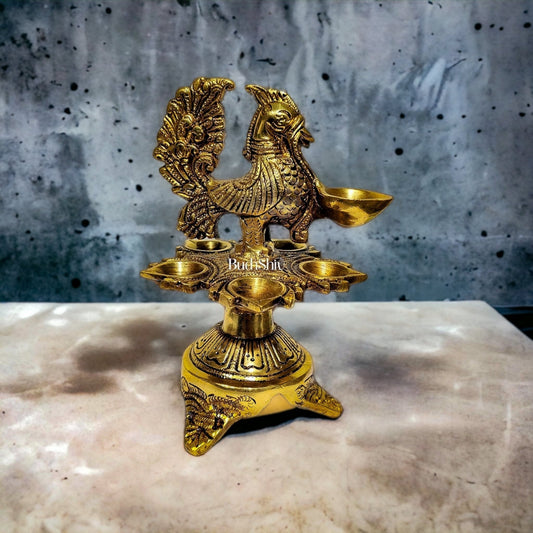 Sama Homes-brass engraved annam peacock designed handcrafted oil lamp with 6 diyas