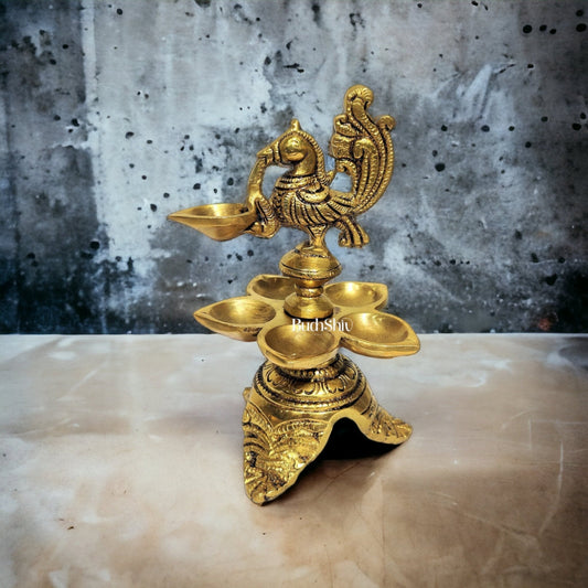 Sama Homes-brass engraved annam peacock designed handcrafted oil lamp with 6 diyas small