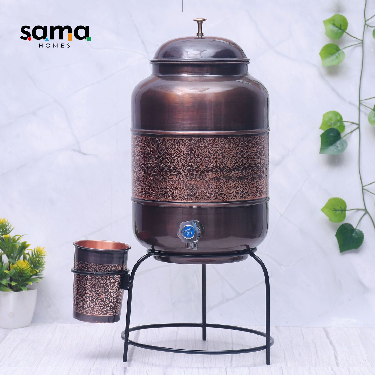 SAMA Homes - pure copper water dispenser with glass and stand antique engraved designed combo capacity 5000 ml