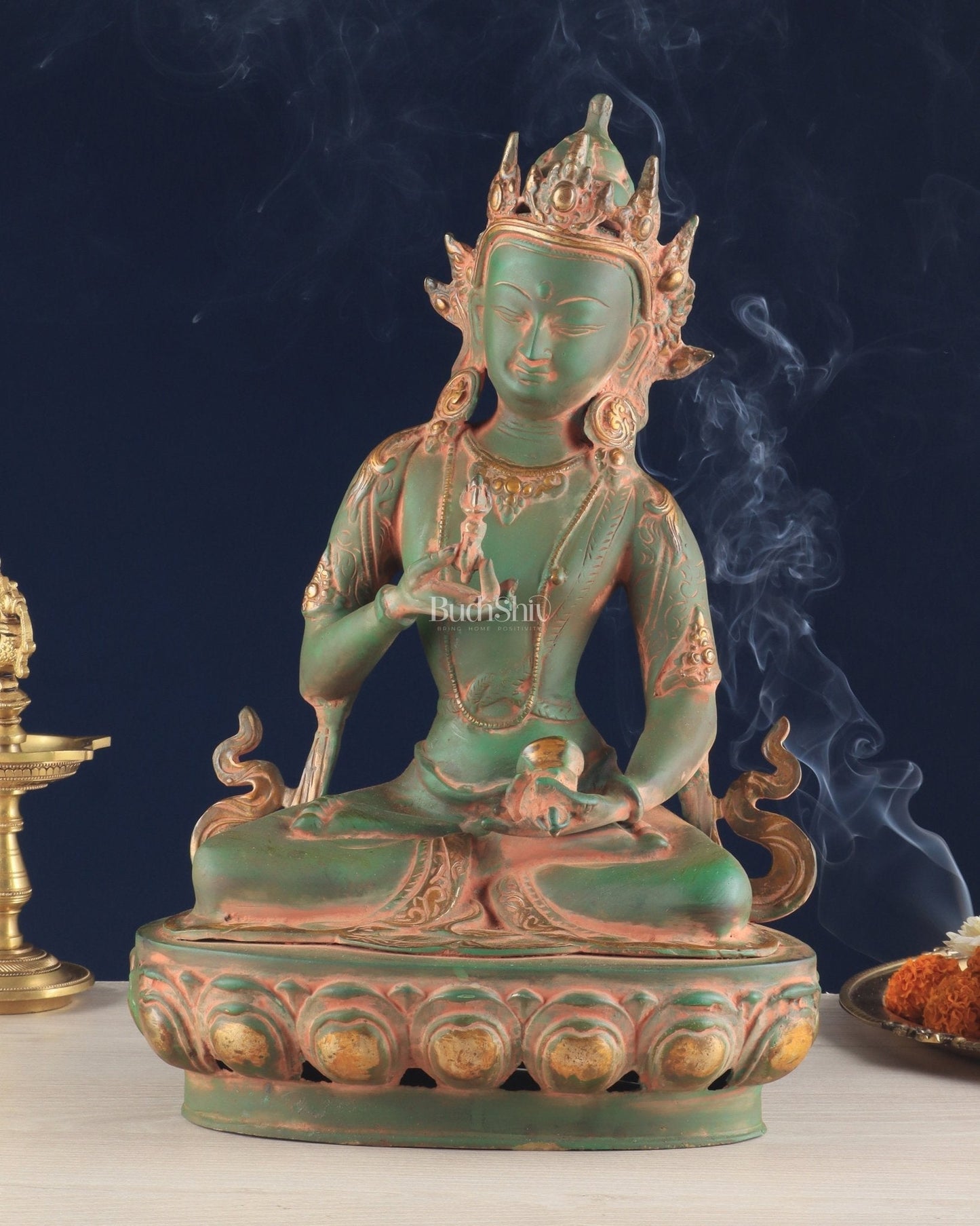Vajrasattva, The Primordial Buddha – Antique Patina Brass Statue, 16" - Sama Homes Idol - Brass Sculpture