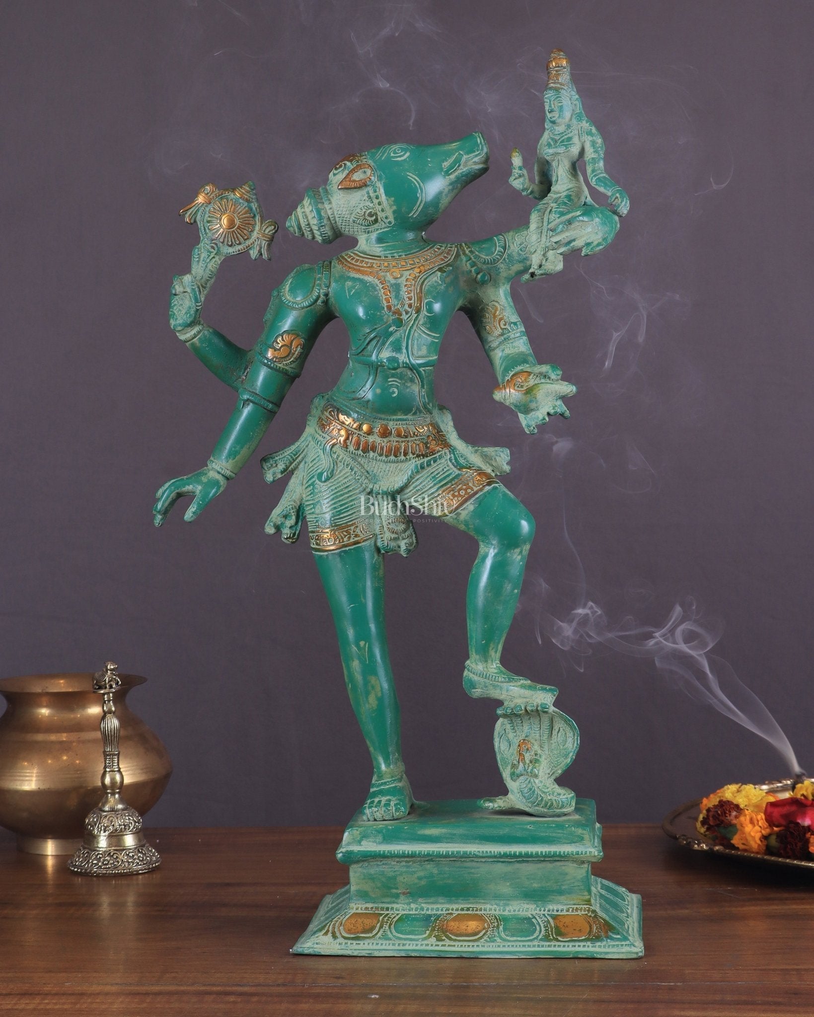 Varaha with Bhooma Devi Varaha Lakshmi Brass Statue 17 inch Green vintage - Sama Homes Idol - Brass Sculpture - Eco-friendly - Sama Homes