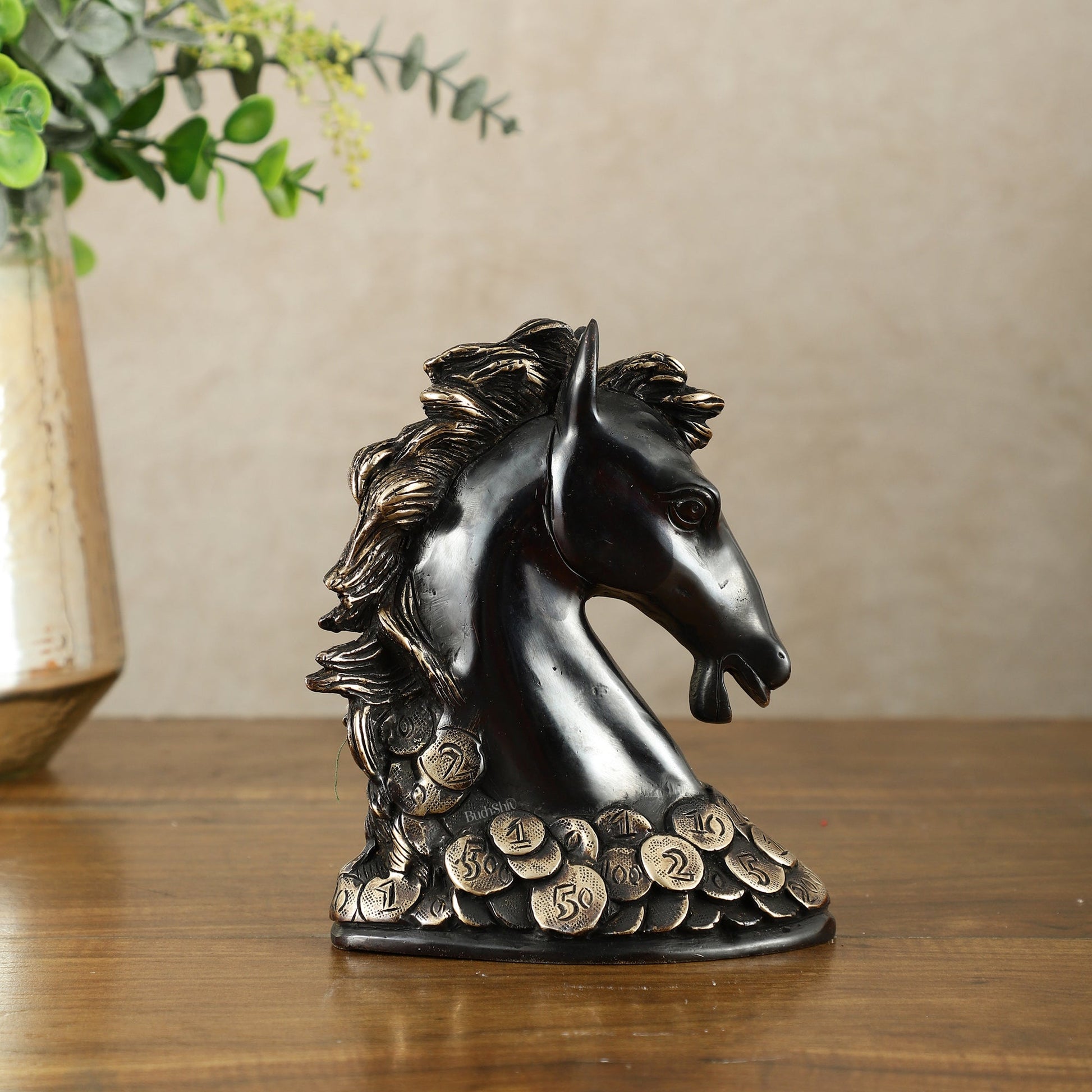 Vastu Feng Shui Lucky Black Horse Head with Coins Brass Showpiece | 7" - Eco-friendly - Sama Homes