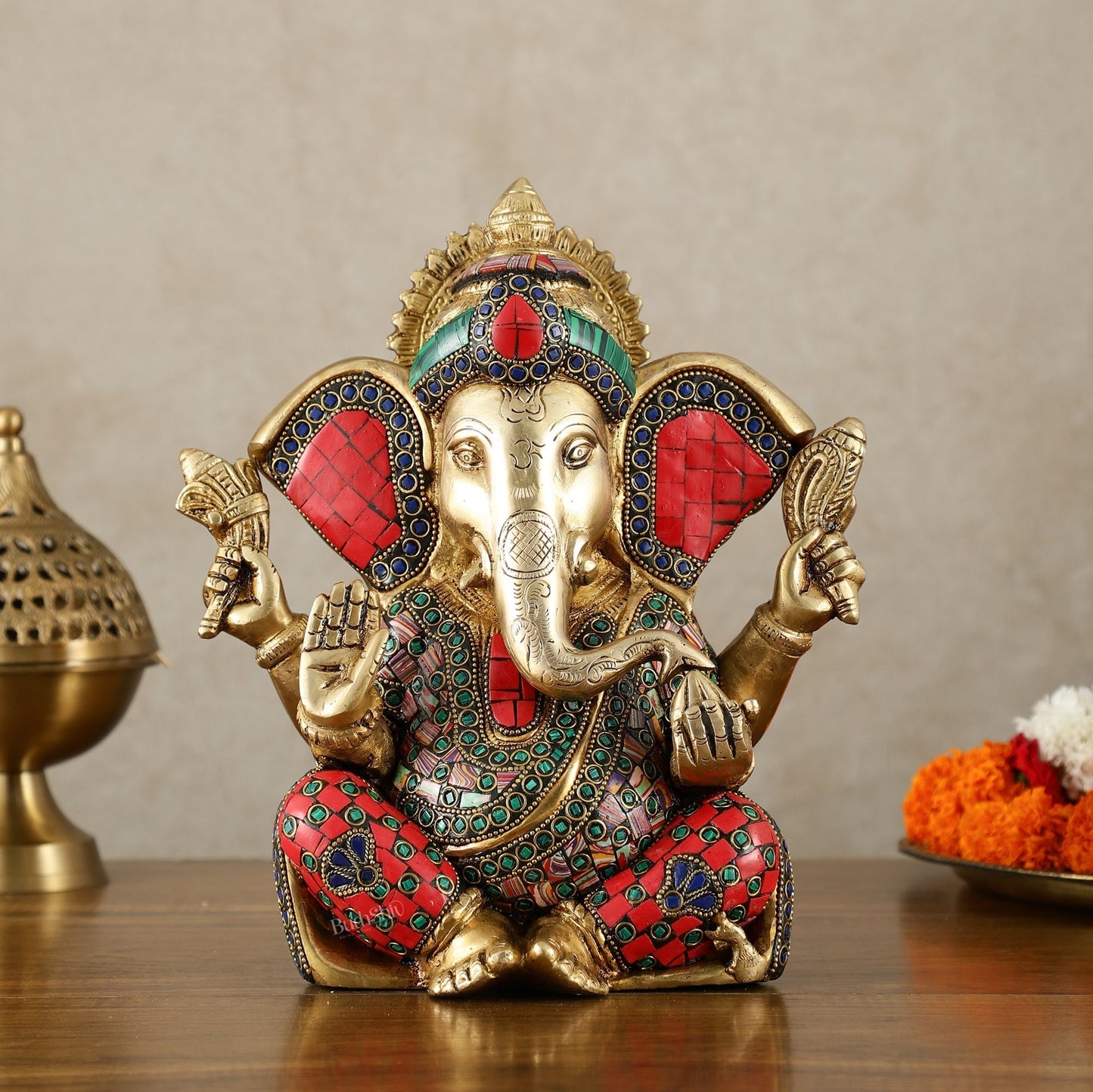 Vibrant Brass Lord Ganesha Statue with Meenakari Stonework and Big Ears - 10" - Sama Homes Idol - Brass Sculpture