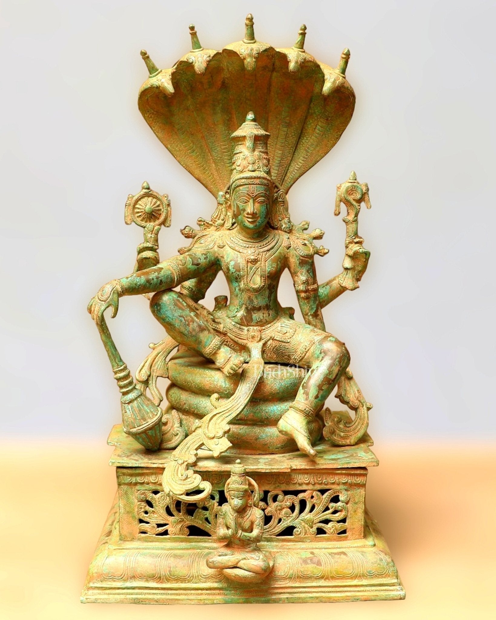 Vintage Antique Green Patina Brass Lord Vishnu Shri Hari Narayanan Statue | 29 Inch Height | 35 KG - Sama Homes Idol - Brass Sculpture - Eco-friendly - Sama Homes