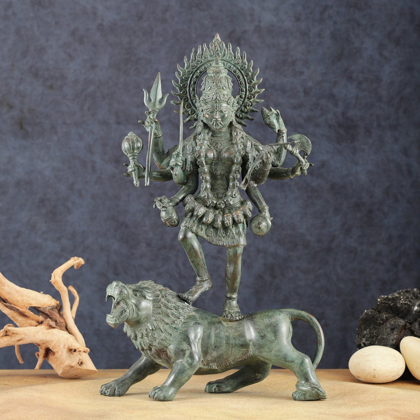Vintage Balinese Bronze Durga Ma kali Standing on Lion Sculpture – 18.5" Height, Lost Wax Casting - Sama Homes Idol - Brass Sculpture