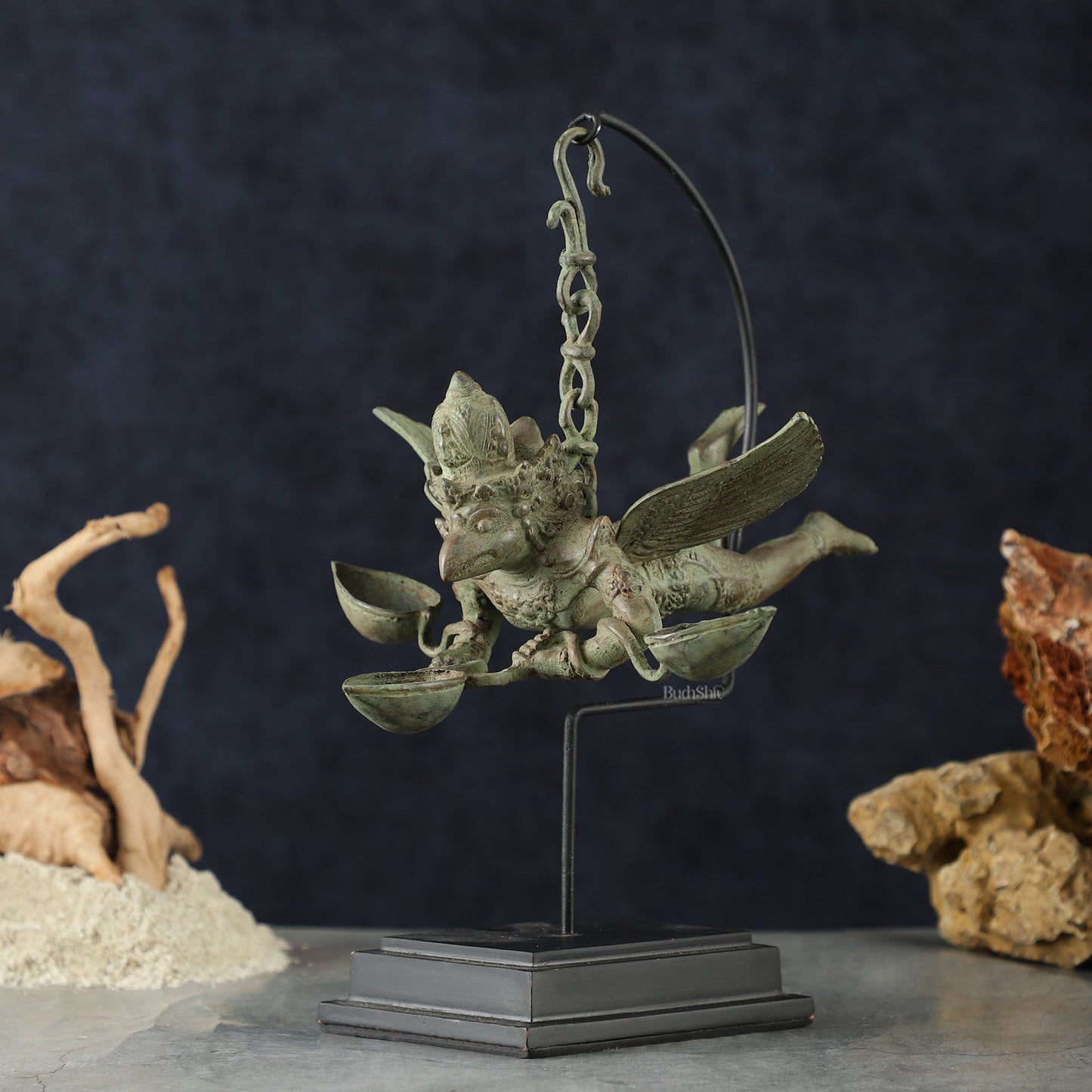 Vintage Balinese Bronze Flying Garuda Oil Lamp with Wooden Base – 14.5" Height - Sama Homes Idol - Brass Sculpture