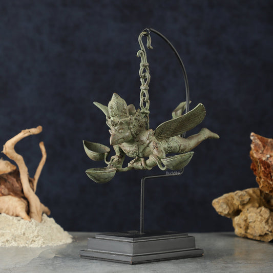 Vintage Balinese Bronze Flying Garuda Oil Lamp with Wooden Base – 14.5" Height - Sama Homes Idol - Brass Sculpture