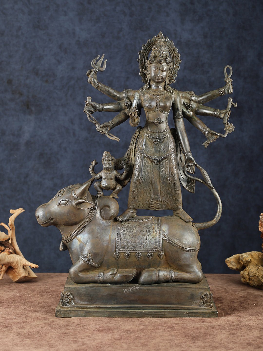 Vintage Balinese Bronze  Mahishasura Mardini Durga Statue - 22.5" H | Lost Wax Casting - Sama Homes Idol - Brass Sculpture - Eco-friendly - Sama Homes