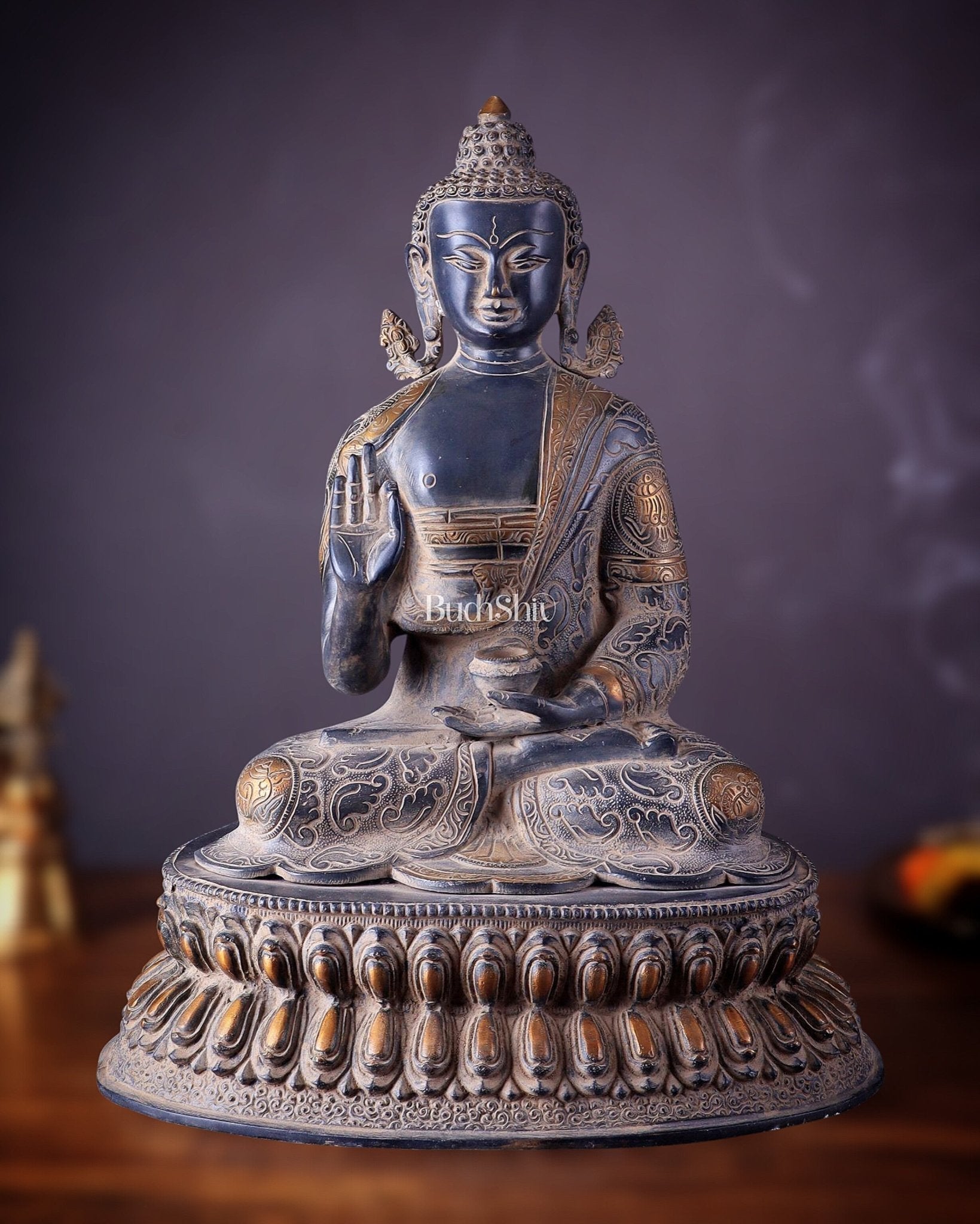 Vintage Brass Buddha Statue with Sand Finish – 16.5” - Sama Homes Idol - Brass Sculpture - Eco-friendly - Sama Homes
