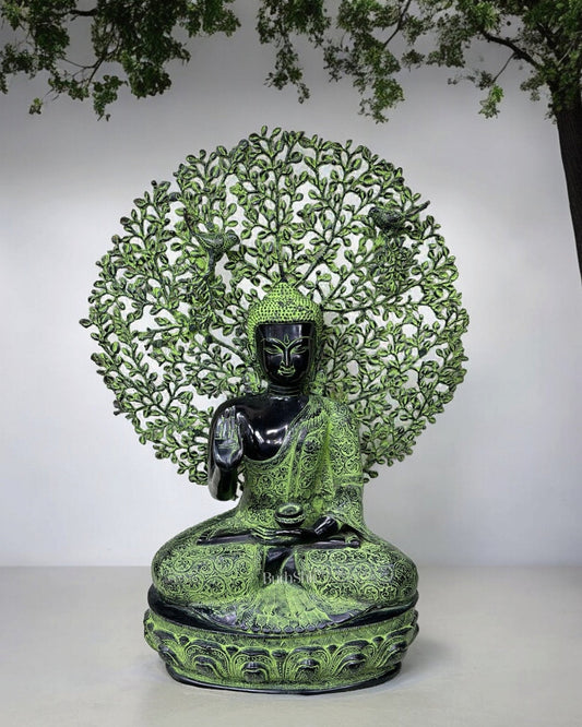 Vintage Brass Buddha with Bodhi Tree Kalpavriksha Statue 30 inch - Sama Homes Idol - Brass Sculpture