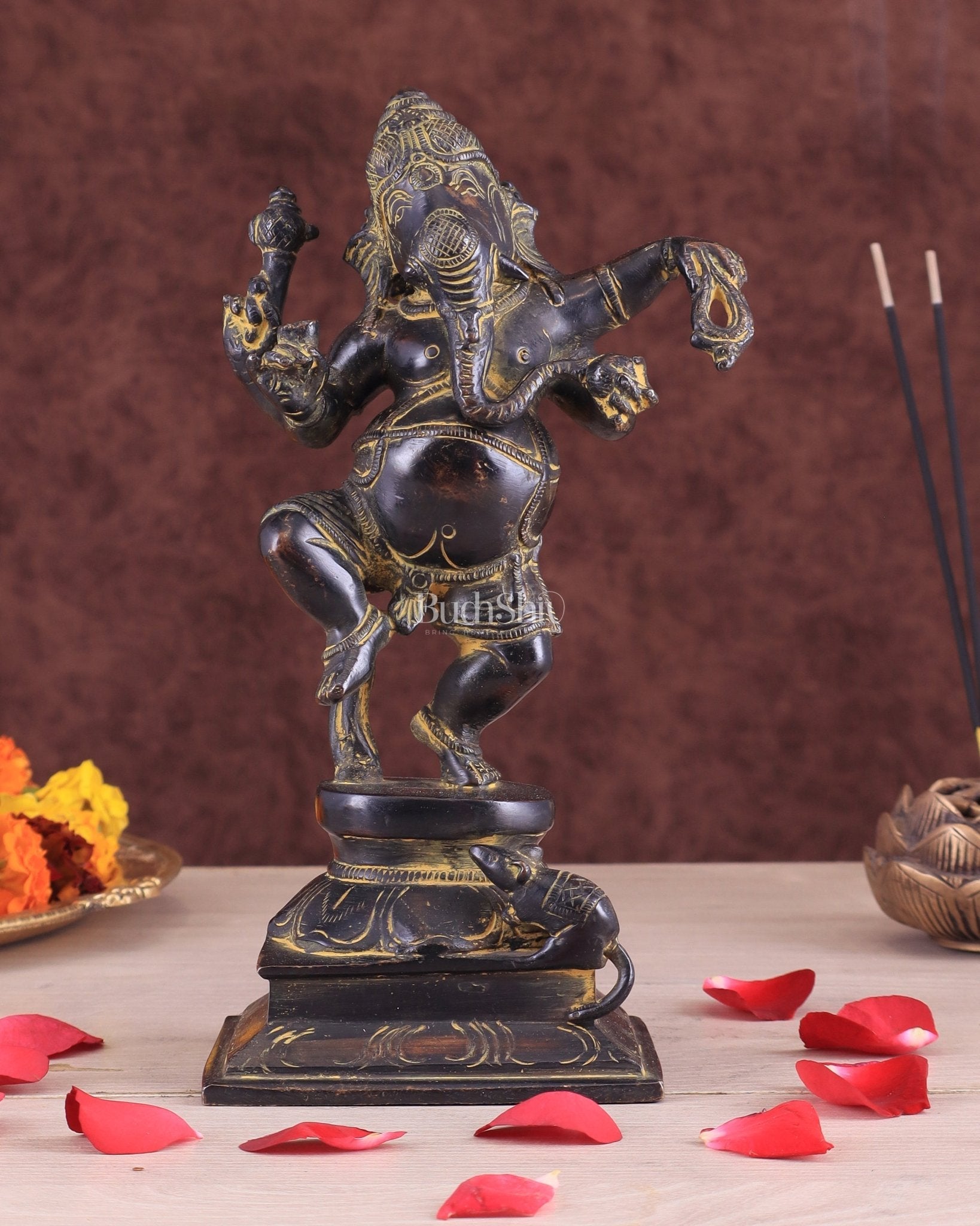 Vintage Brass Dancing Ganesha Statue - Black Sand Finish 9" - Sama Homes Idol - Brass Sculpture - Eco-friendly - Sama Homes
