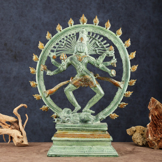 Vintage Brass Dancing Shiva as Nataraja Sculpture – 20" Height, Green Patina Finish - Sama Homes Idol - Brass Sculpture