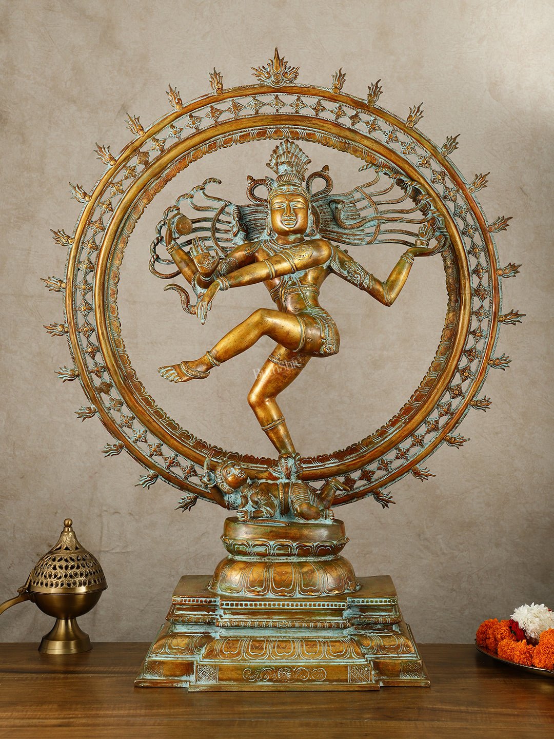 Vintage Brass Dancing Shiva Nataraja Sculpture with Removable Frame | 34" | 32 kg - Sama Homes Idol - Brass Sculpture - Eco-friendly - Sama Homes
