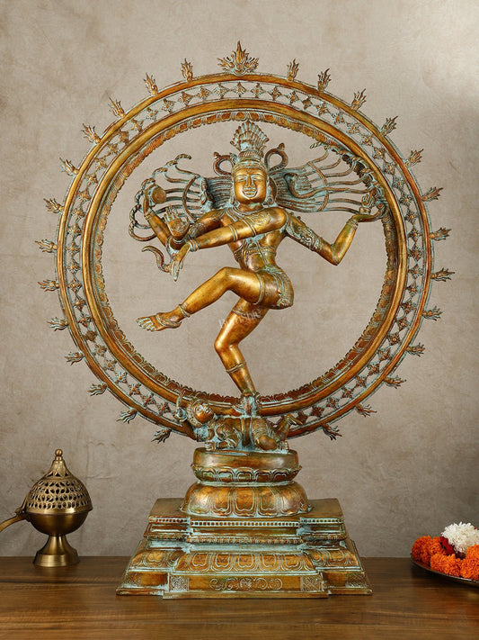 Vintage Brass Dancing Shiva Nataraja Sculpture with Removable Frame | 34" | 32 kg - Sama Homes Idol - Brass Sculpture
