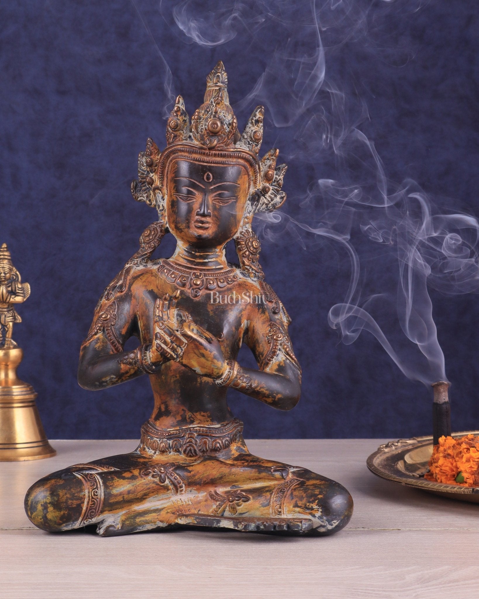 Vintage Brass Dharmachakra Buddha Statue | 10" Height - Sama Homes Idol - Brass Sculpture - Eco-friendly - Sama Homes