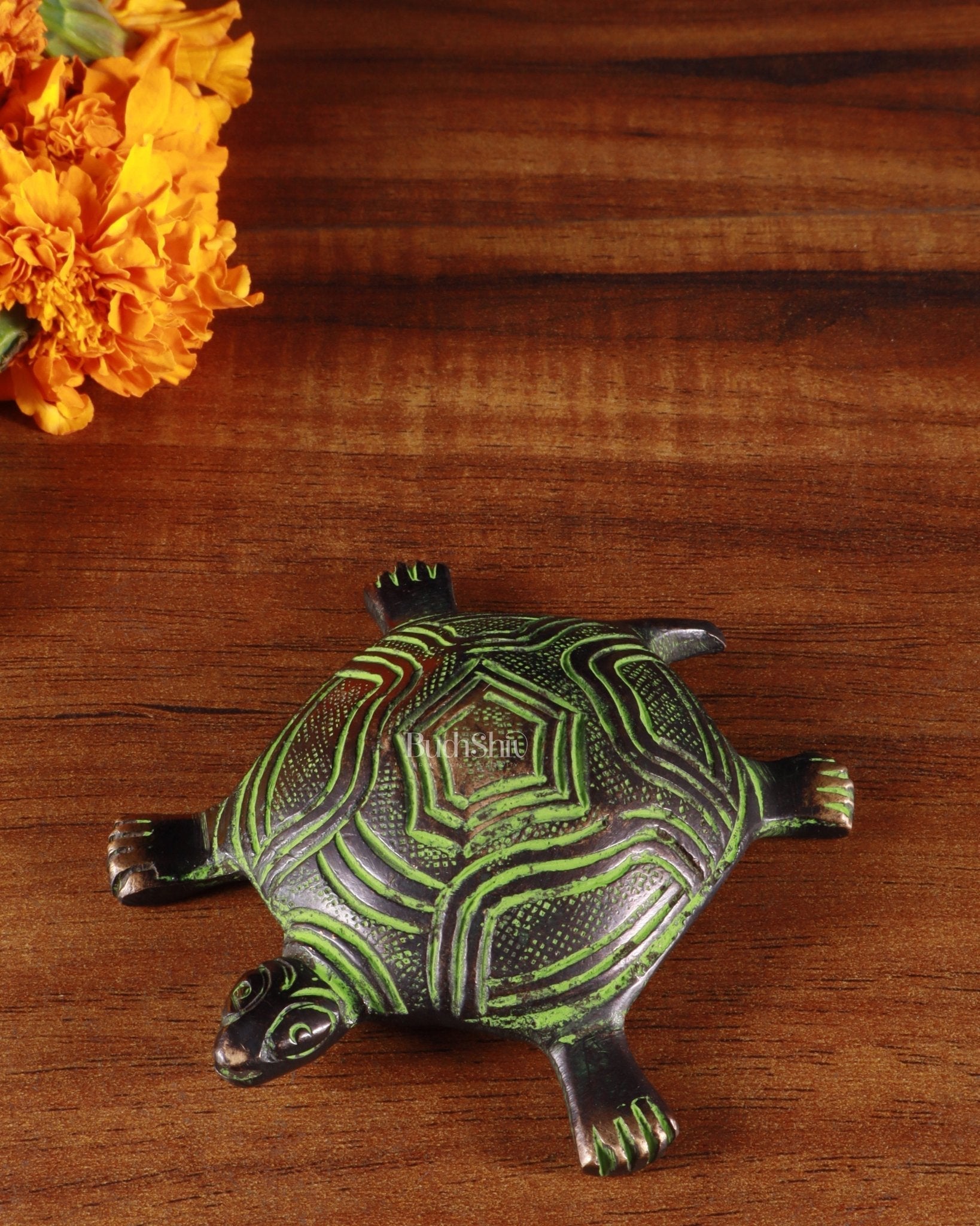 Vintage Brass Feng Shui Vastu small Tortoise – Black & Green Patina - Sama Homes Idol - Brass Sculpture - Eco-friendly - Sama Homes