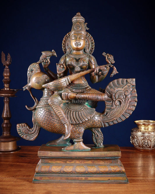 Vintage Brass Goddess Saraswati Statue - 20" Height | Chola touch - Sama Homes Idol - Brass Sculpture