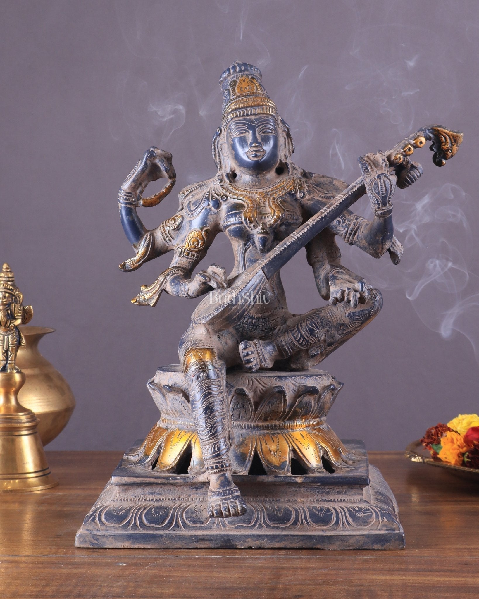 Vintage Brass Goddess Saraswati Statue - Sand Finish - 11" - Sama Homes Idol - Brass Sculpture - Eco-friendly - Sama Homes