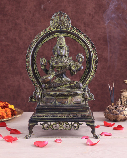Vintage Brass Goddess Saraswati Statue – Sand Patina Finish 13" - Sama Homes Idol - Brass Sculpture