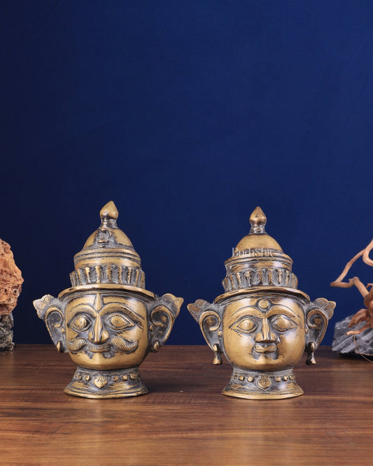 Vintage Brass Handcrafted Shiva and Gauri Mukhalingam | 9.5" Height - Sama Homes Idol - Brass Sculpture