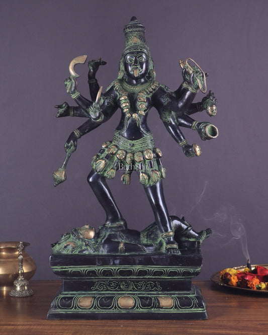 Vintage Brass Kali Mata Statue - 25 Inch, 10 Arms, Black green Edition - Sama Homes Idol - Brass Sculpture