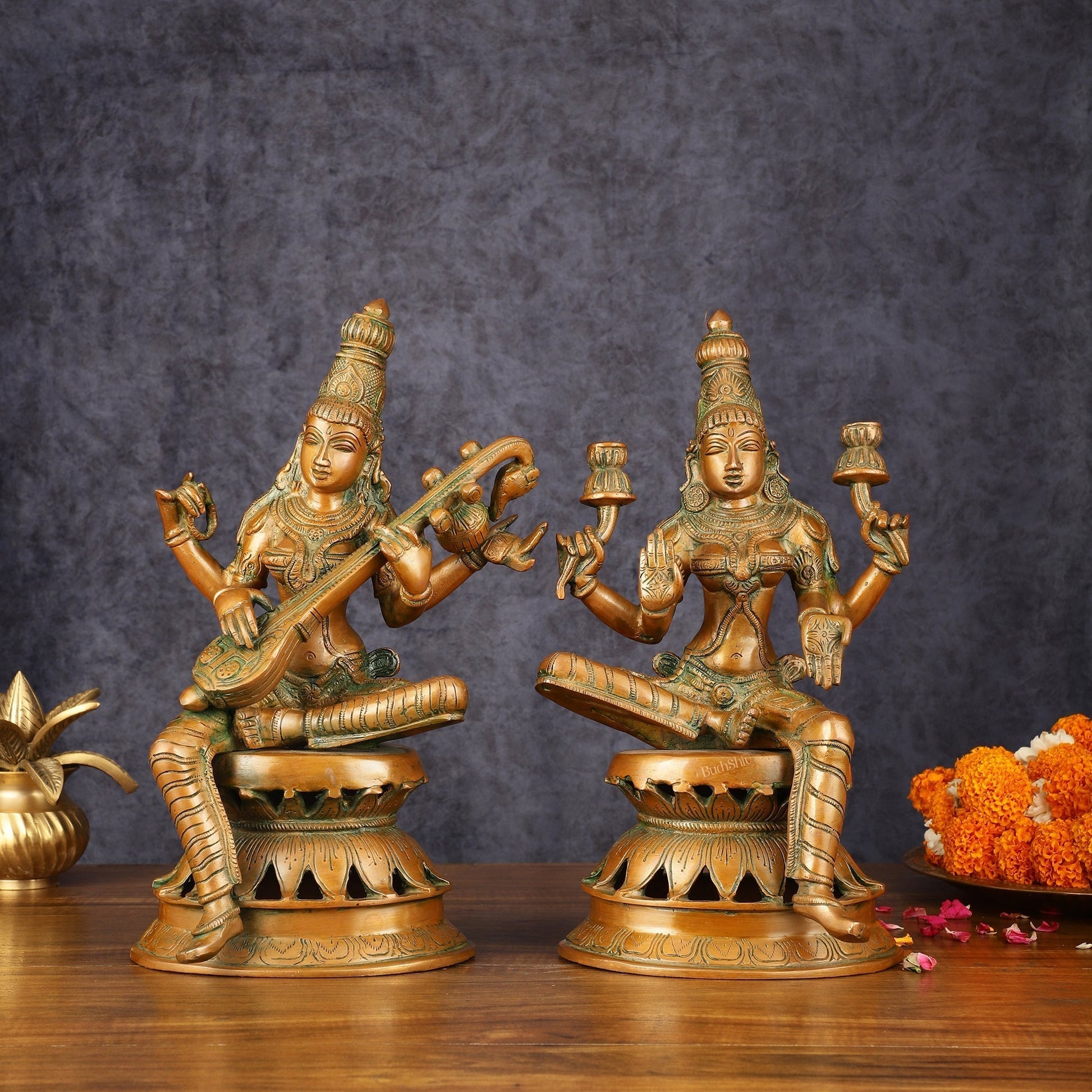 Vintage Brass Lakshmi and Saraswati Idol Pair - 12" Divine Sculpture - Sama Homes Idol - Brass Sculpture - Eco-friendly - Sama Homes