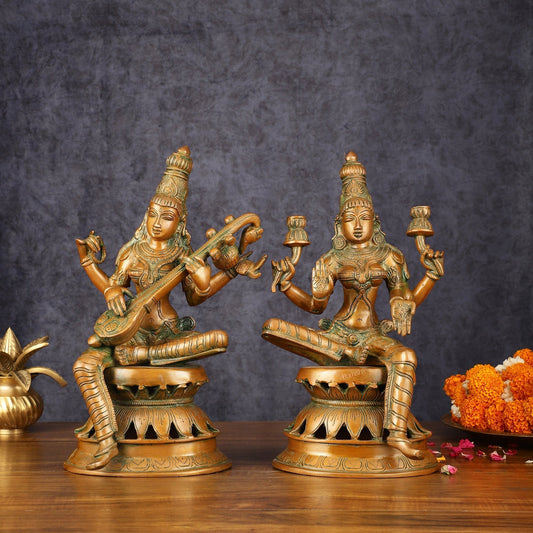 Vintage Brass Lakshmi and Saraswati Idol Pair - 12" Divine Sculpture - Sama Homes Idol - Brass Sculpture