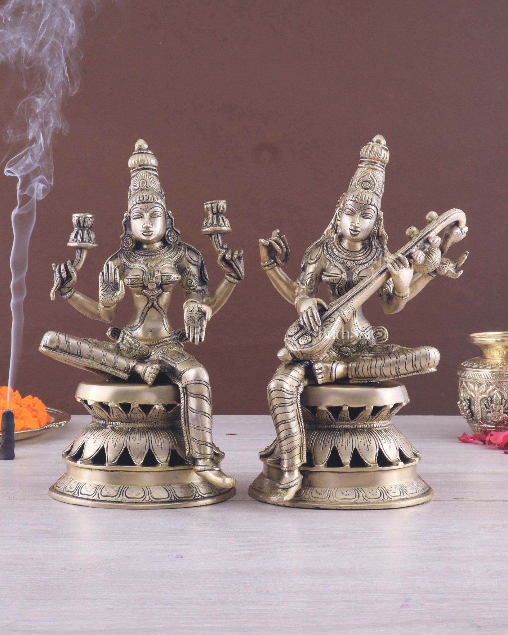Vintage Brass Lakshmi and Saraswati Idol Pair - 12" - Sama Homes Idol - Brass Sculpture - Eco-friendly - Sama Homes