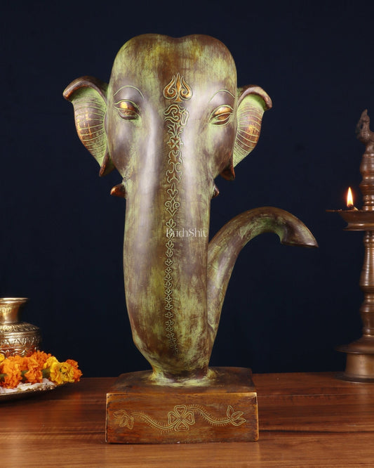 Vintage Brass Lord Ganesha Face Sculpture Showpiece – 17 Inch. - Sama Homes Idol - Brass Sculpture