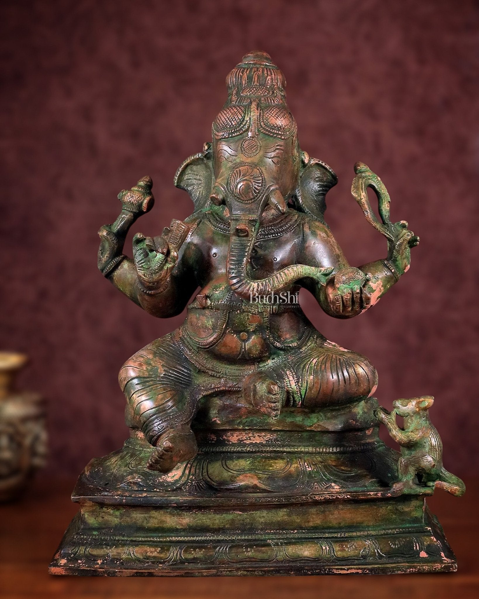 Vintage Brass Lord Ganesha Statue with Green Patina Finish - 14" - Sama Homes Idol - Brass Sculpture - Eco-friendly - Sama Homes