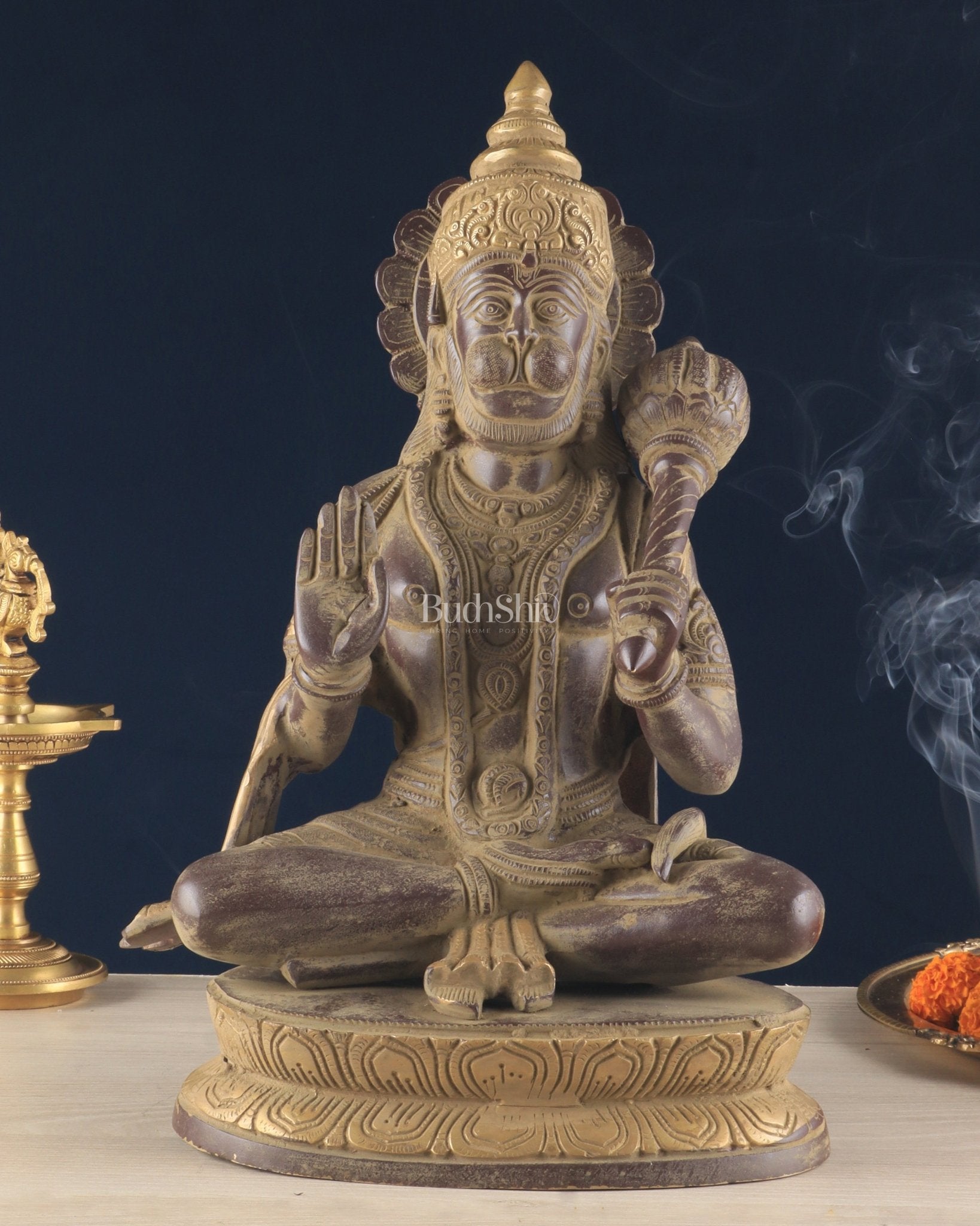 Vintage Brass Lord Hanuman Sculpture in Sand Finish – 15 Inches - Sama Homes Idol - Brass Sculpture - Eco-friendly - Sama Homes
