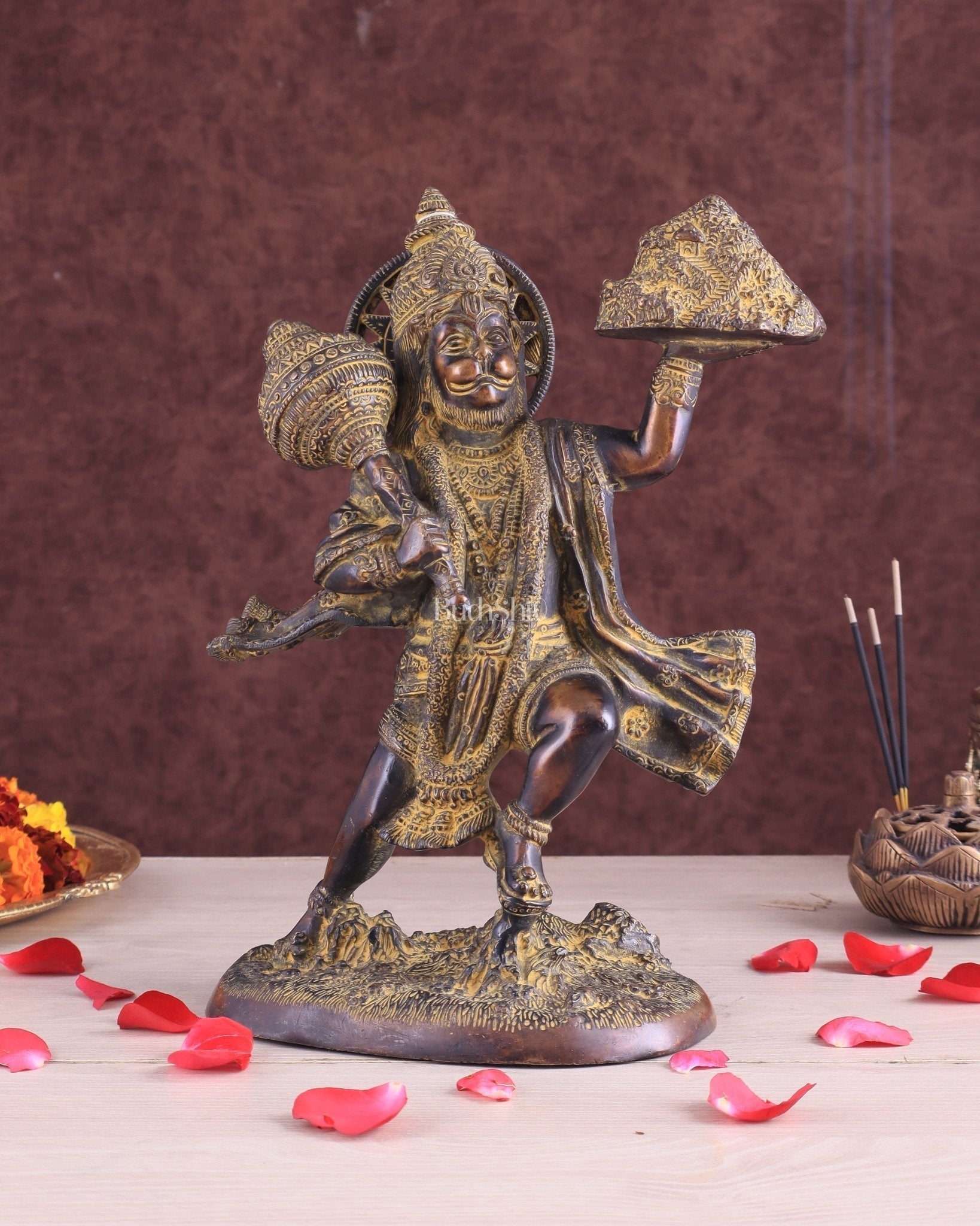 Vintage Brass Lord Hanuman Statue Carrying Sanjeevani Mountain 10.5" - Sama Homes Idol - Brass Sculpture - Eco-friendly - Sama Homes