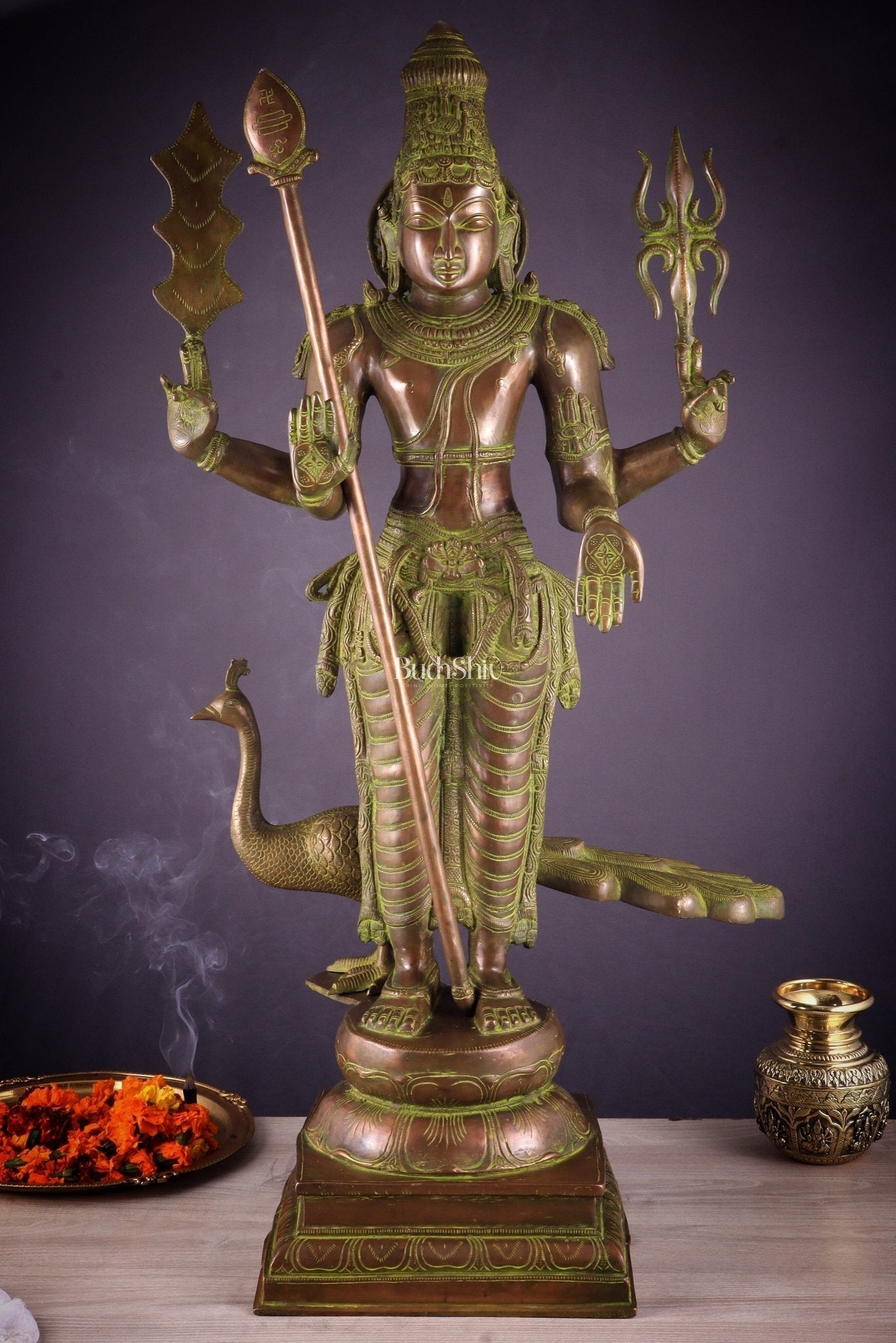 Vintage Brass Lord Kartikeya Murugan Kumarswamy Large Statue – Bronze Tone 37" - Sama Homes Idol - Brass Sculpture - Eco-friendly - Sama Homes