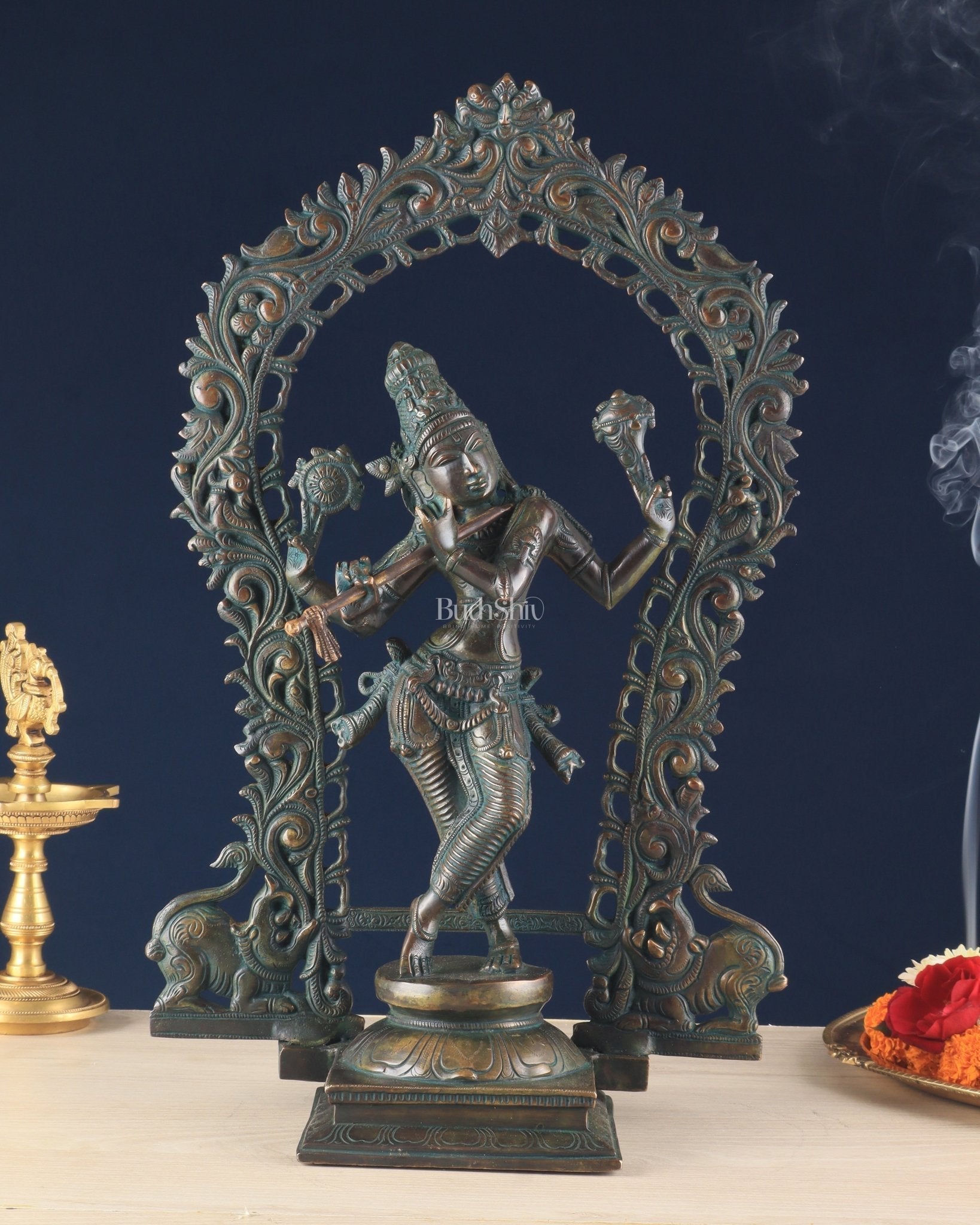 Vintage Brass Lord Krishna Statue with Prabhavali Arch – 18.5 Inches - Sama Homes Idol - Brass Sculpture - Eco-friendly - Sama Homes