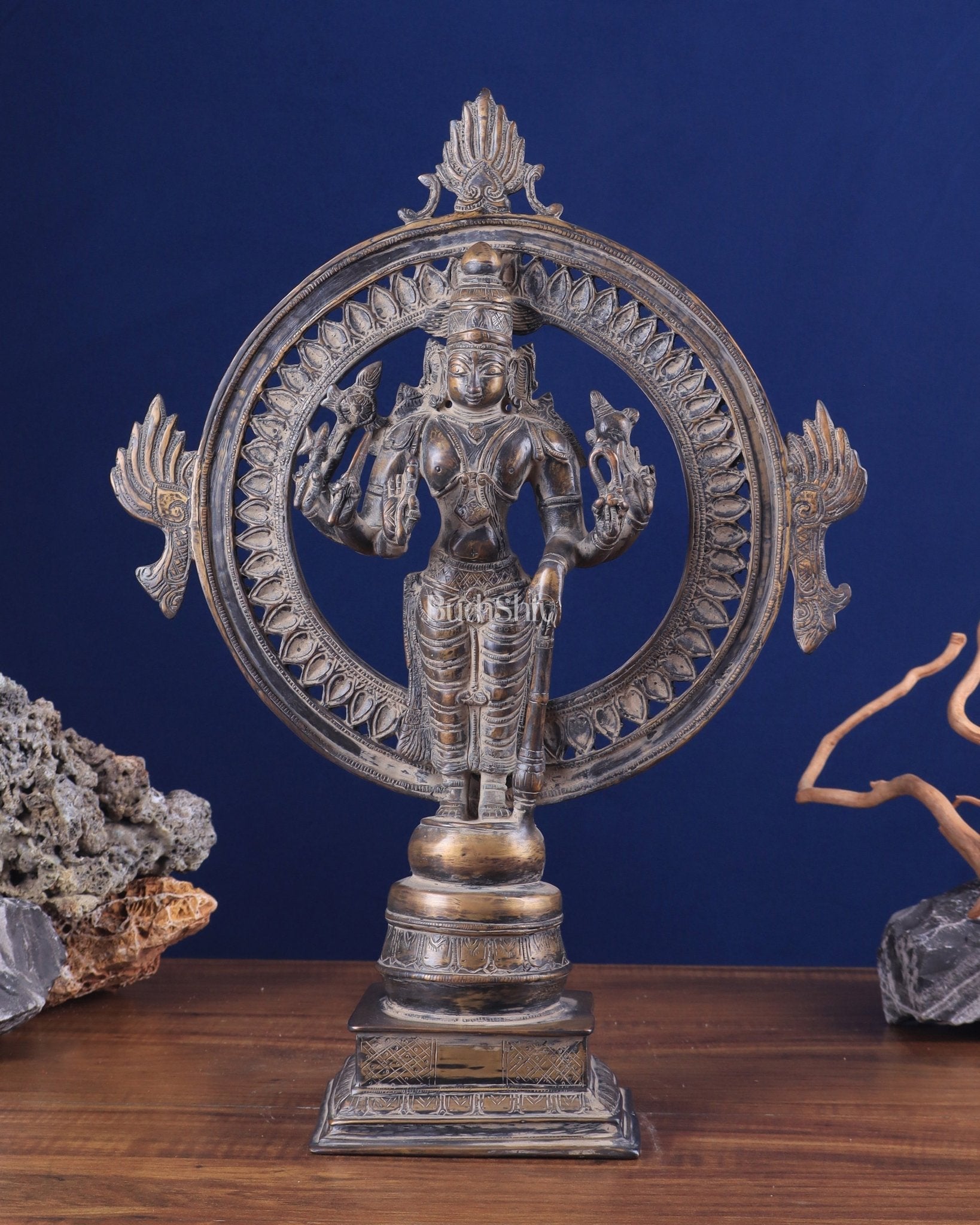 Vintage Brass Lord Vishnu Statue with Sudarshan Chakra Aura - 16.5 Inch - Sama Homes Idol - Brass Sculpture - Eco-friendly - Sama Homes