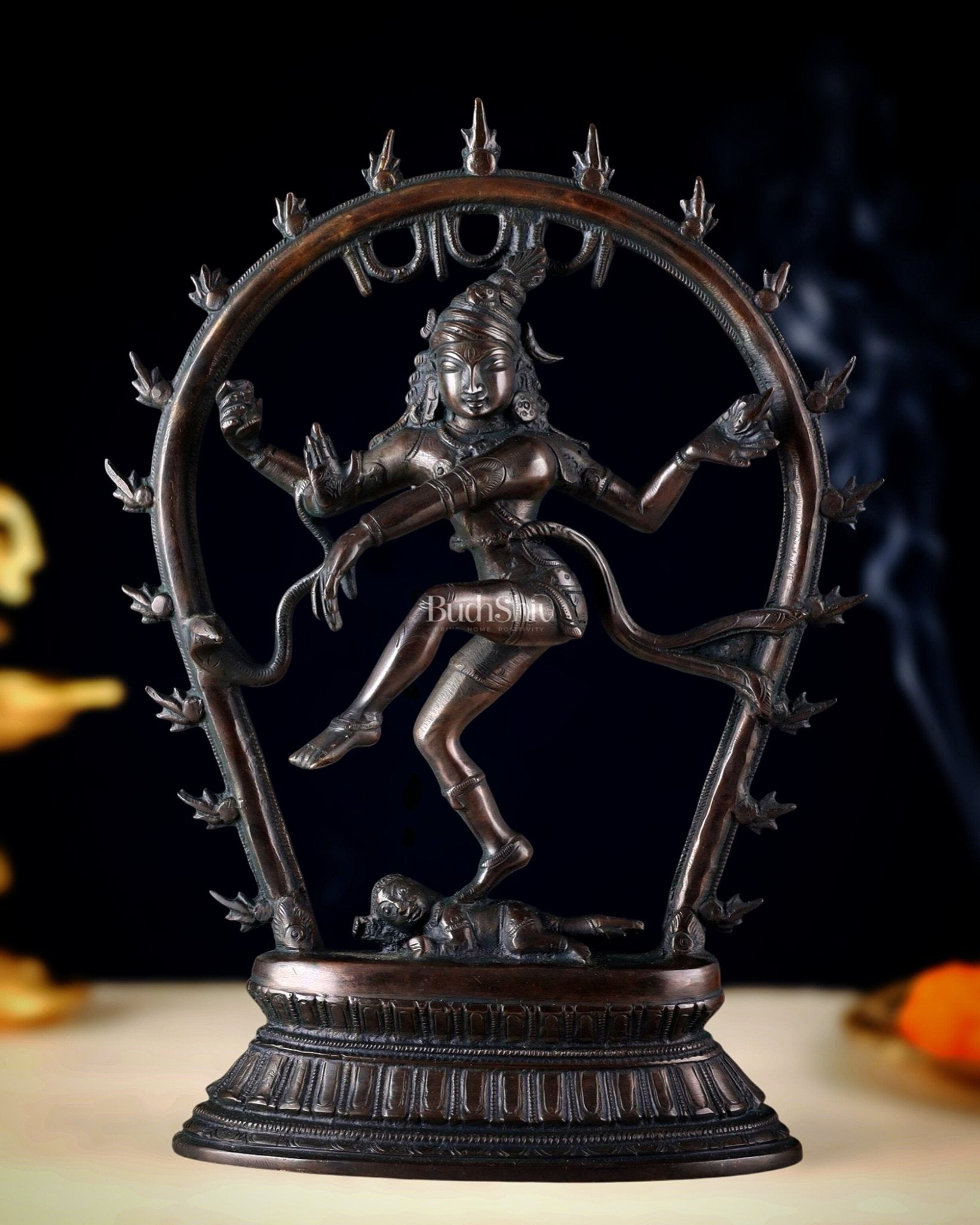 Vintage Brass Nataraja Dancing Shiva Idol with Oval Arch - 12.5" - Sama Homes Idol - Brass Sculpture - Eco-friendly - Sama Homes