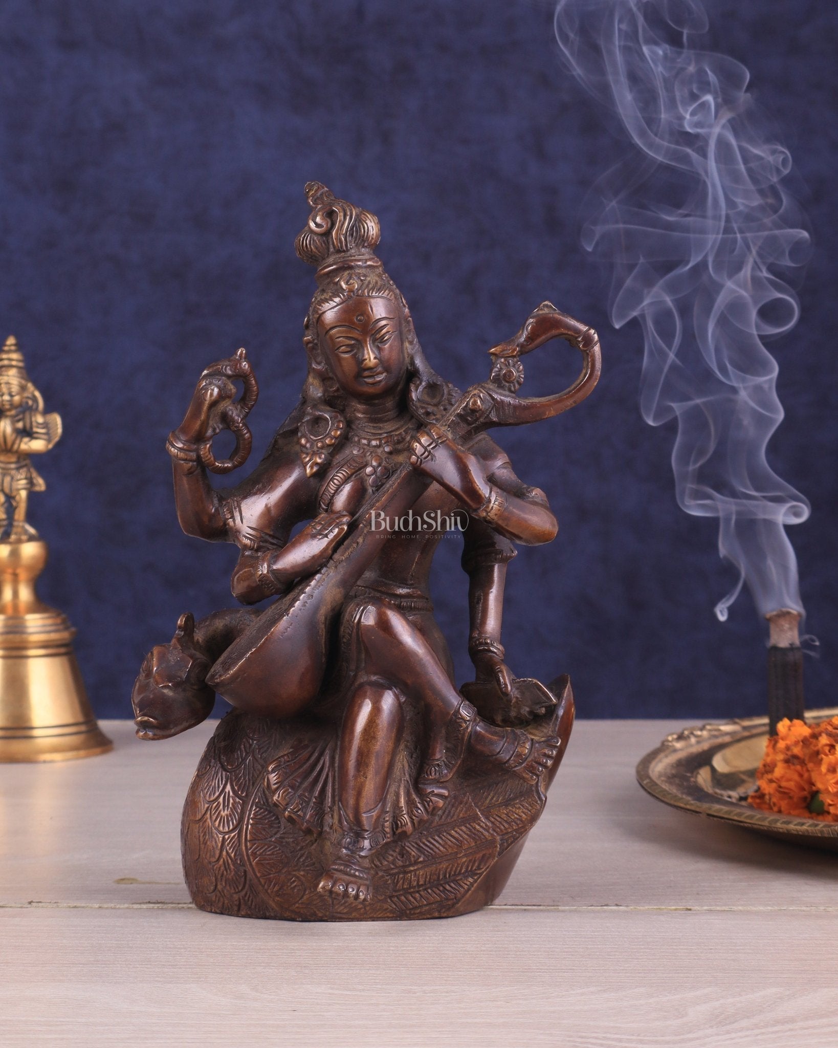 Vintage Brass Nepalese Goddess Saraswati Idol | Exquisite Craftsmanship - Sama Homes Idol - Brass Sculpture - Eco-friendly - Sama Homes