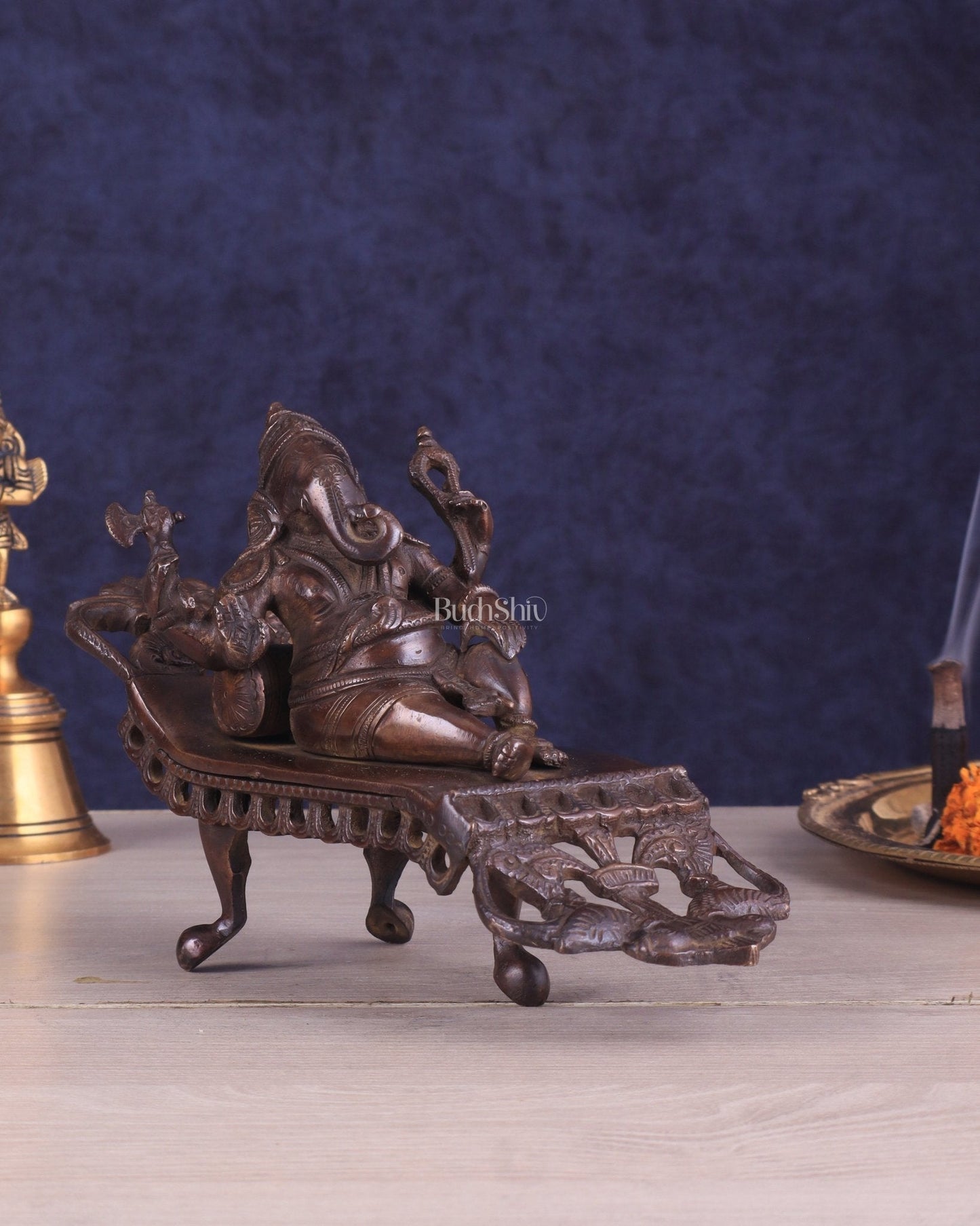 Vintage Brass Resting Ganesha Idol – 6" | Dark Chocolate Finish - Sama Homes Idol - Brass Sculpture