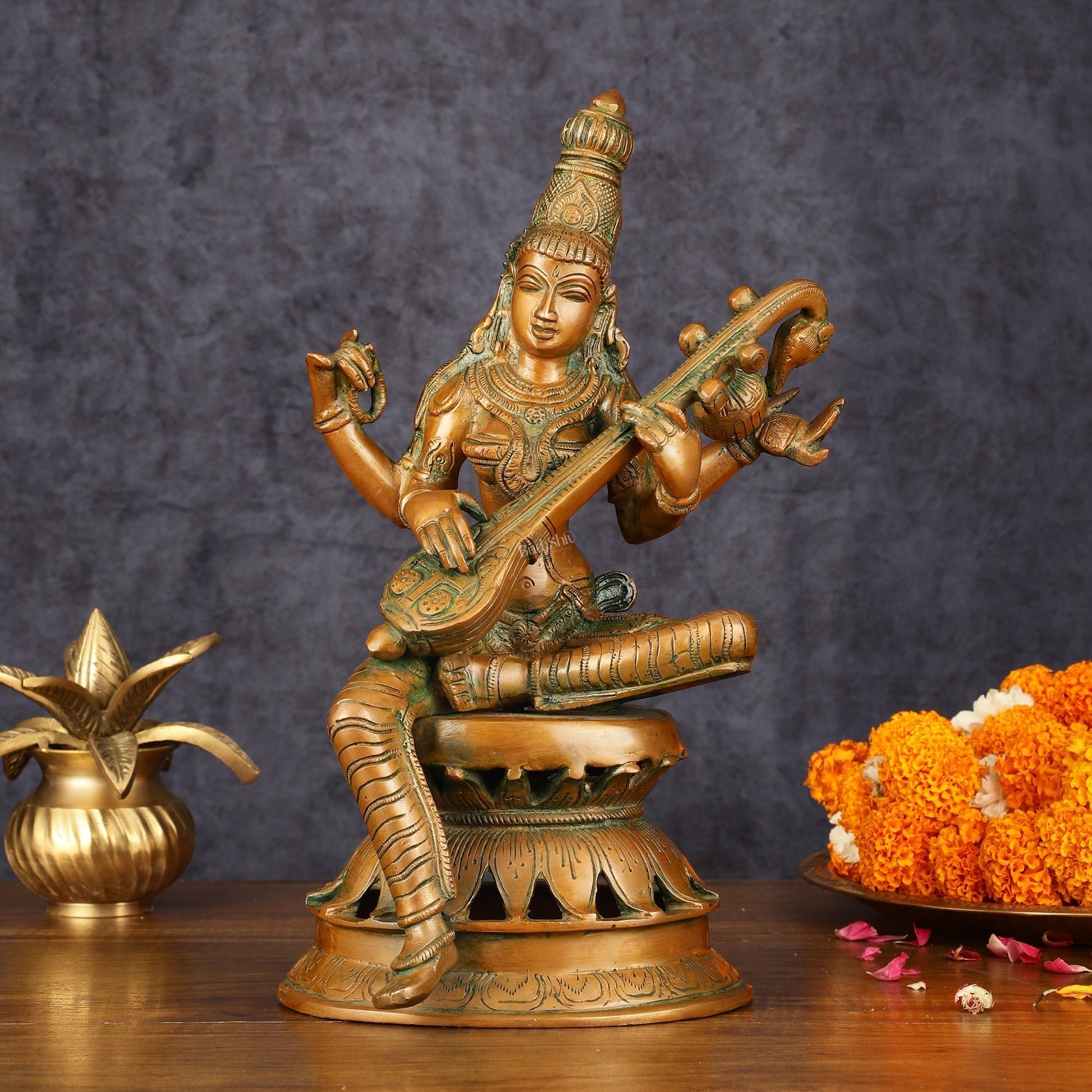Vintage Brass Saraswati Idol - 12" Divine Sculpture - Sama Homes Idol - Brass Sculpture - Eco-friendly - Sama Homes
