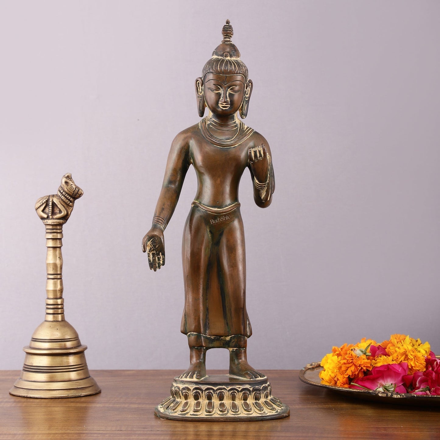 Vintage Brass Standing Buddha Statue – 14.5 inch - Sama Homes Idol - Brass Sculpture