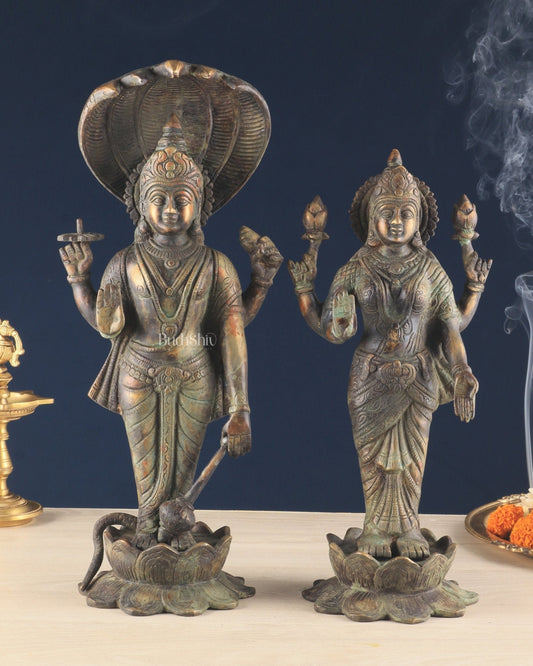 Vintage Brass Vishnu and Lakshmi idol pair 18" - Sama Homes Idol - Brass Sculpture