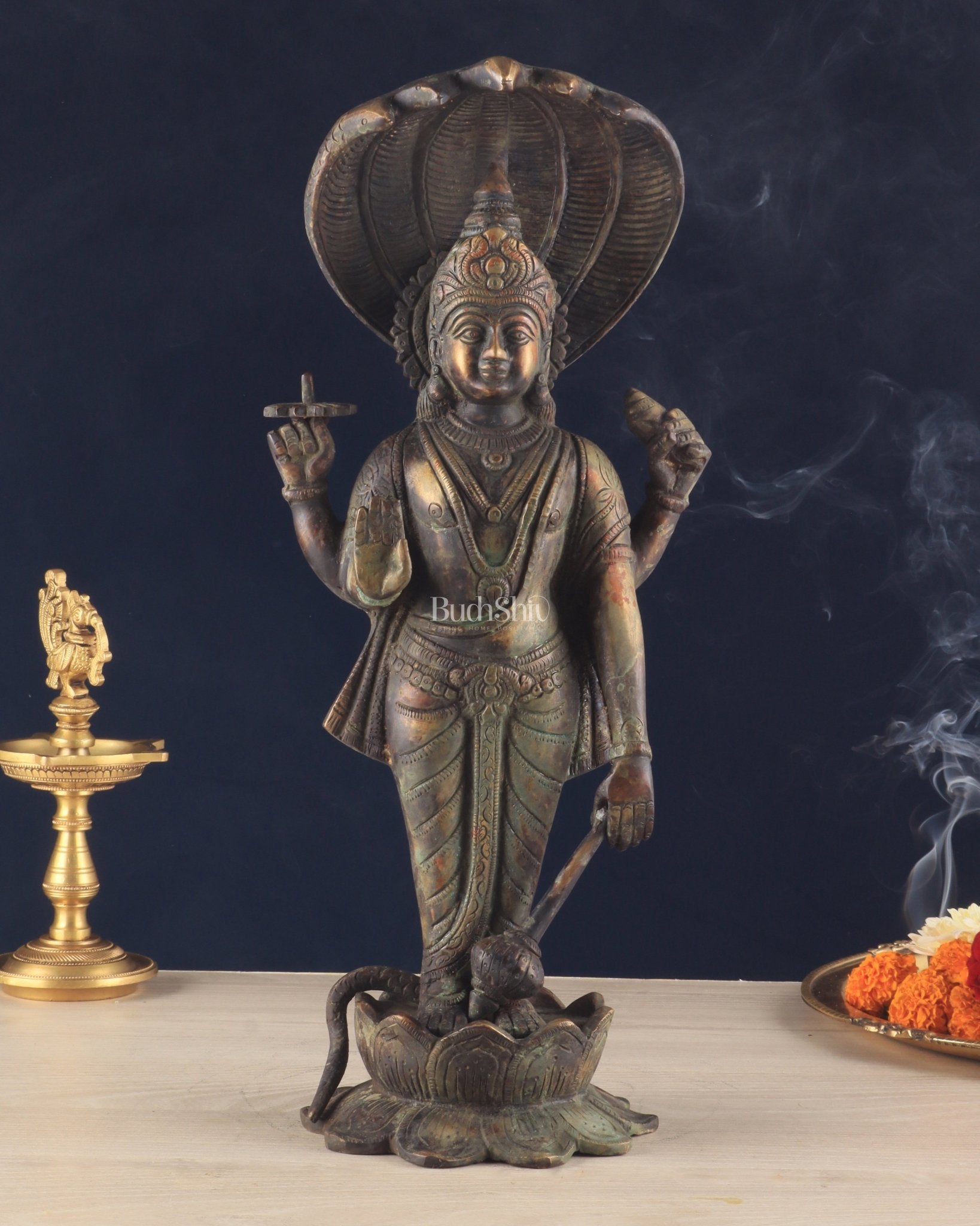 Vintage Brass Vishnu with sheshanaag standing statue 17 inch - Sama Homes Idol - Brass Sculpture - Eco-friendly - Sama Homes