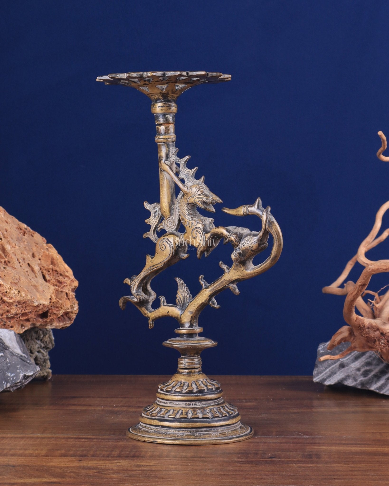 Vintage Brass Yali Candle Holder 9" - Sama Homes Idol - Brass Sculpture - Eco-friendly - Sama Homes