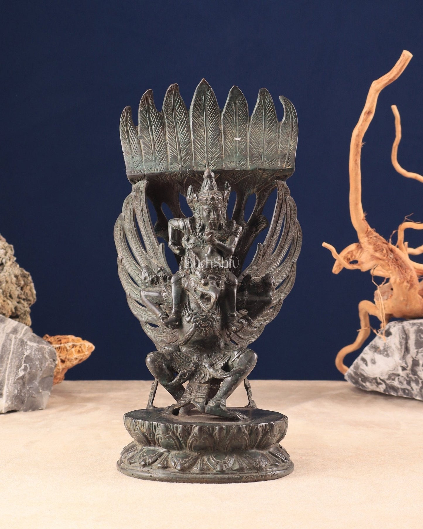 Vintage Indonesian Bronze Lord Vishnu Seated on Garuda Vahana Sculpture 12" - Sama Homes Idol - Brass Sculpture