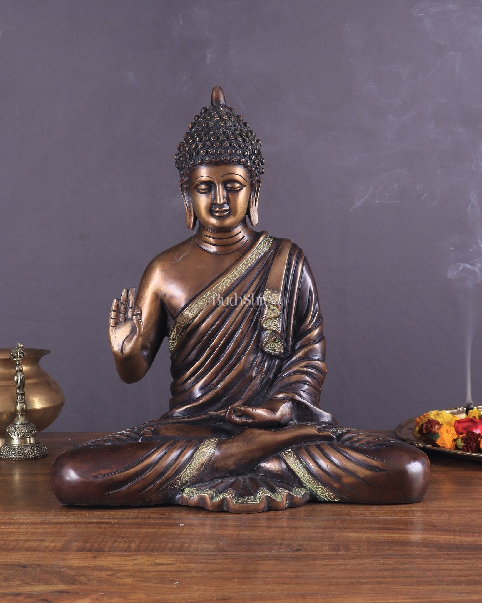 Vintage Pure Brass Blessing Buddha Statue – 15" Handcrafted Sculpture - Sama Homes Idol - Brass Sculpture - Eco-friendly - Sama Homes