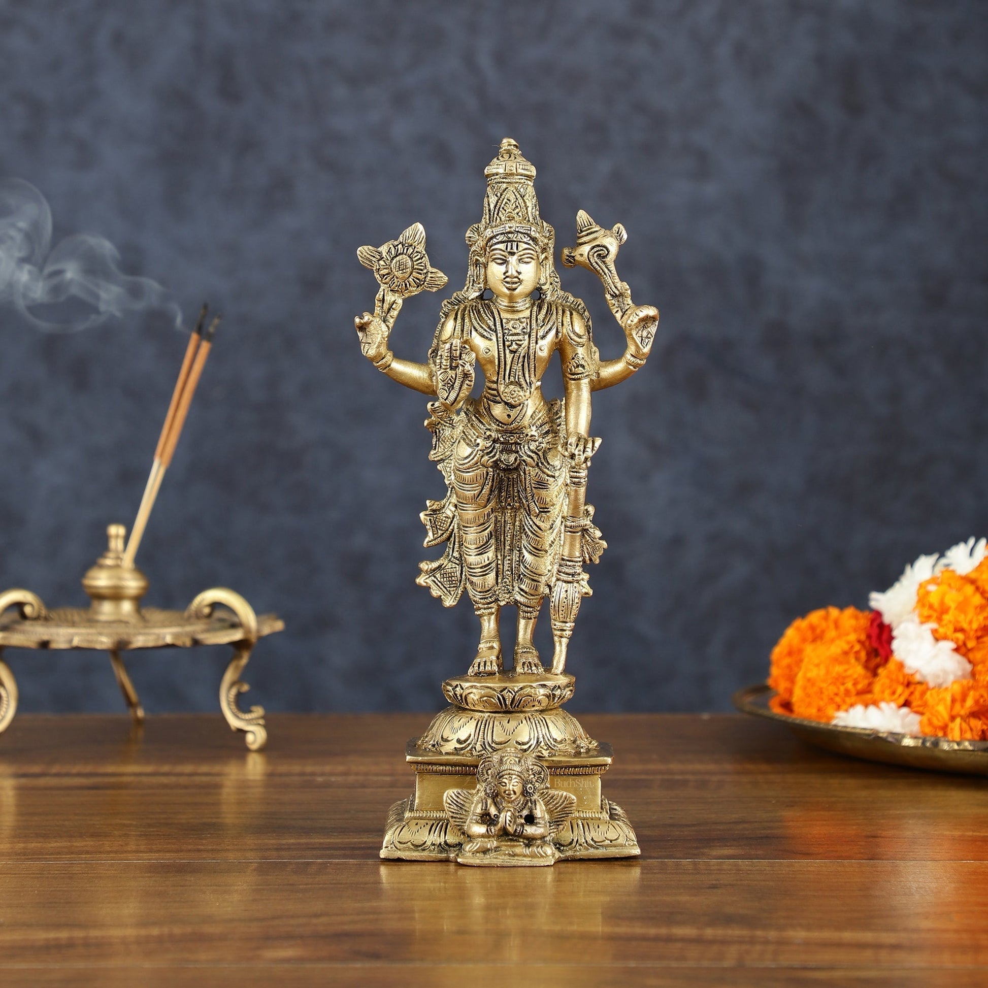 Vintage Pure Brass Superfine Lord Vishnu Standing with Garuda Idol 9 inch - Sama Homes Idol - Brass Sculpture - Eco-friendly - Sama Homes