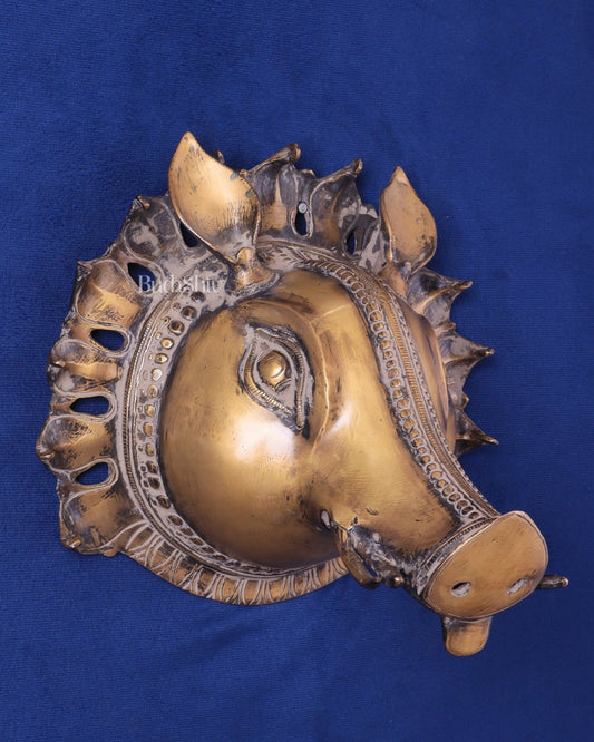 Vintage Pure Brass Varaha Face Wall Hanging – Bronze Tone Décor 10" - Sama Homes Idol - Brass Sculpture