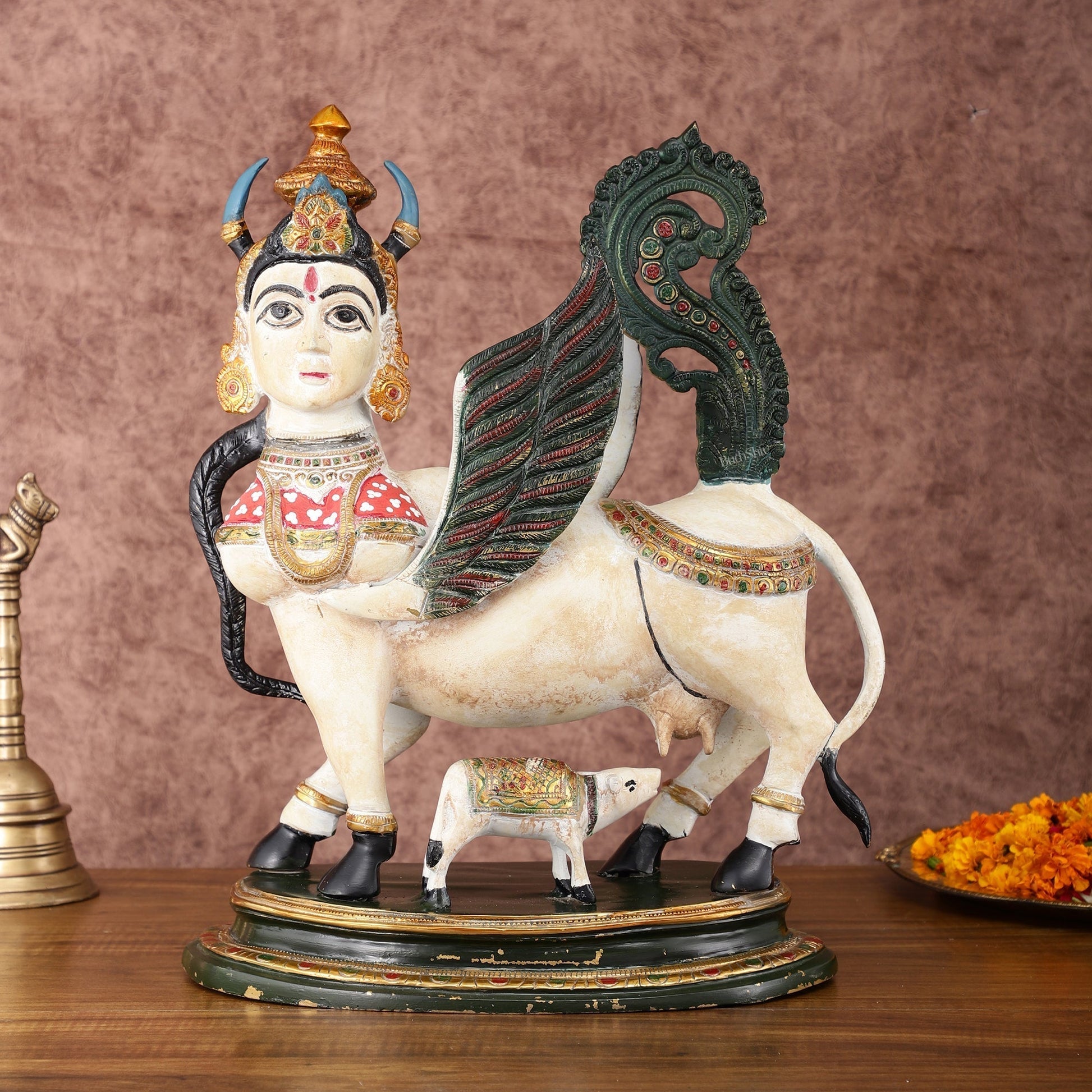 Vintage Rajasthani hand painted Brass Kamdhenu Cow with calf  Statue | 16.5" - Eco-friendly - Sama Homes